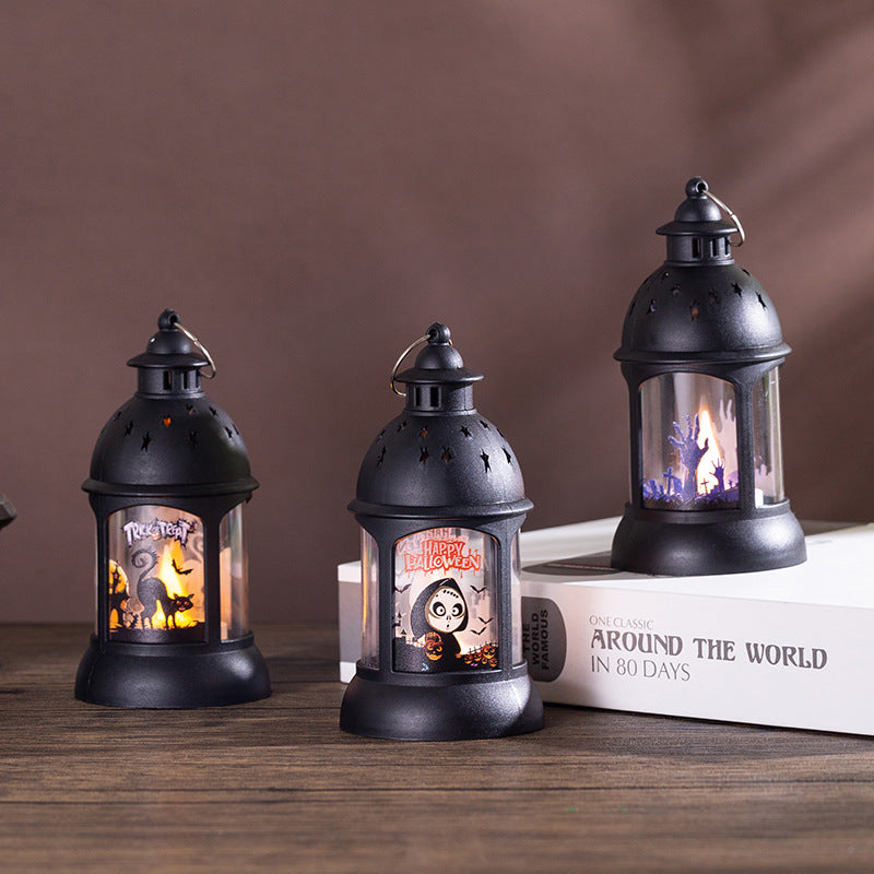 Tre lanterne vintage LED Halloween nere con scene diverse
