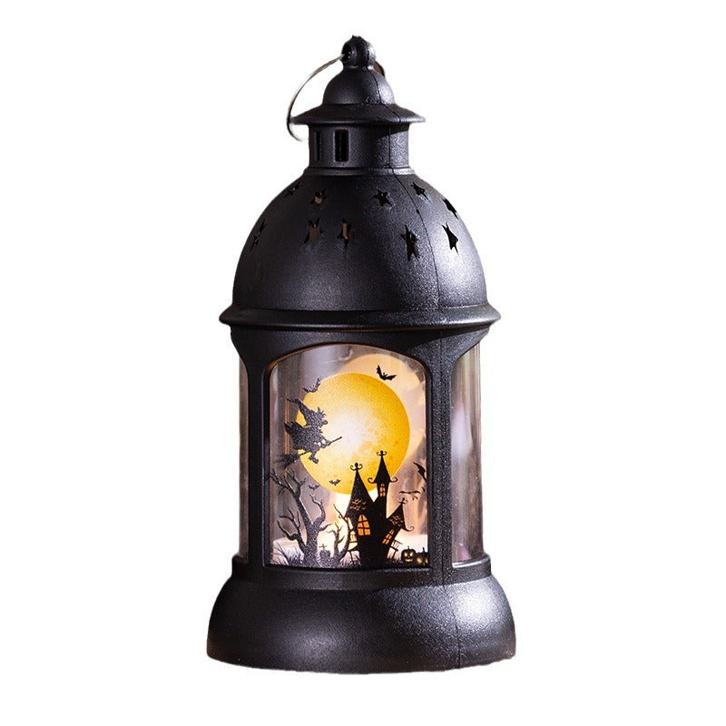 Lanterna vintage LED Halloween nera con strega e luna piena
