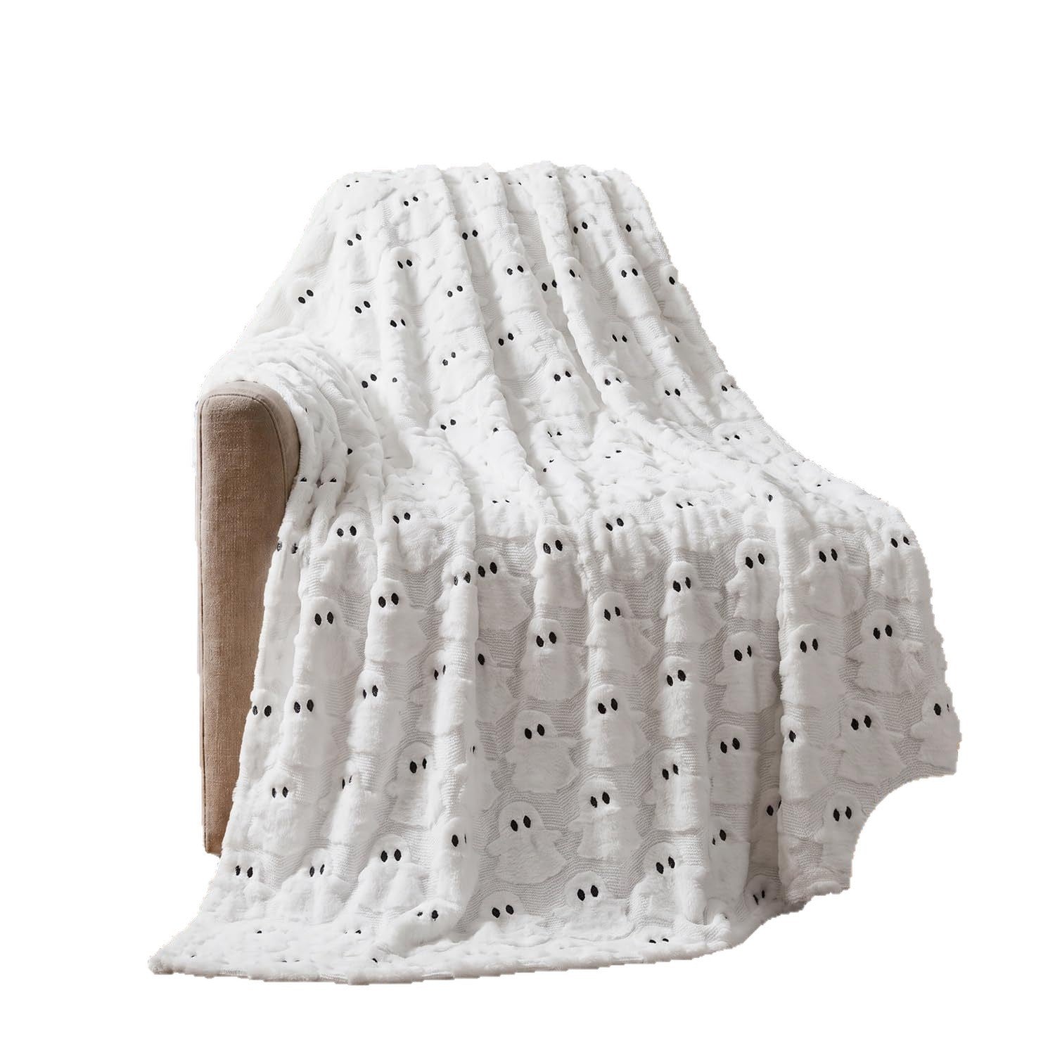 Coperta Halloween bianca con fantasmini 3D su sfondo bianco