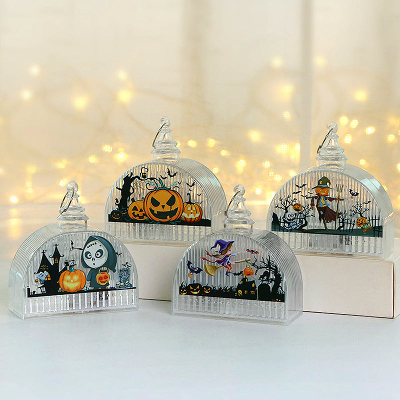 Quattro lanterne LED Halloween con scene di zucca, strega, teschio e spaventapasseri