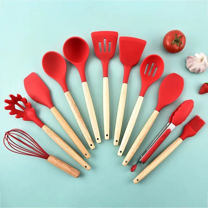 Blustoreweb ™ Set di Utensili da Cucina in Silicone e Legno da 12 Pezzi - Blustoreweb