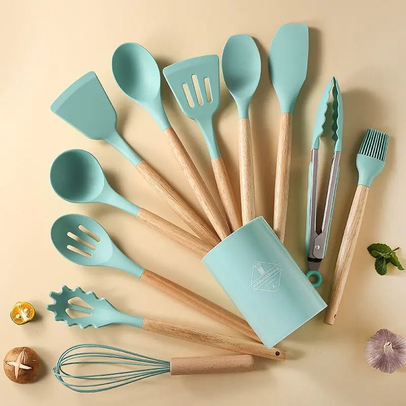 Blustoreweb ™ Set di Utensili da Cucina in Silicone e Legno da 12 Pezzi - Blustoreweb