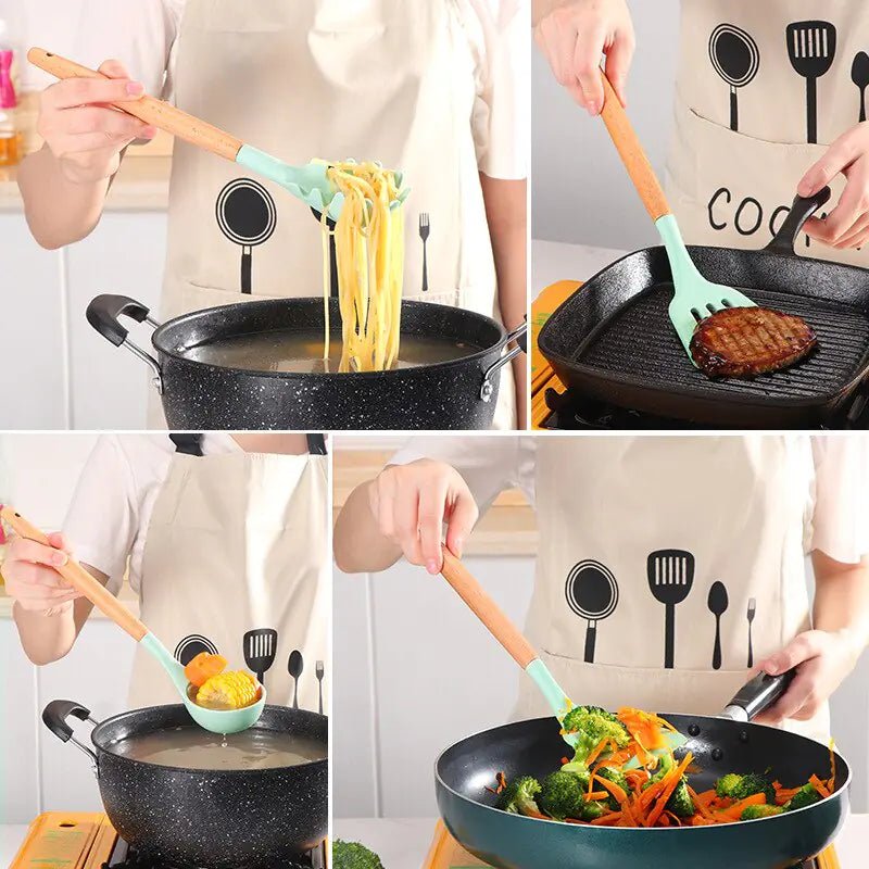 Blustoreweb ™ Set di Utensili da Cucina in Silicone e Legno da 12 Pezzi - Blustoreweb