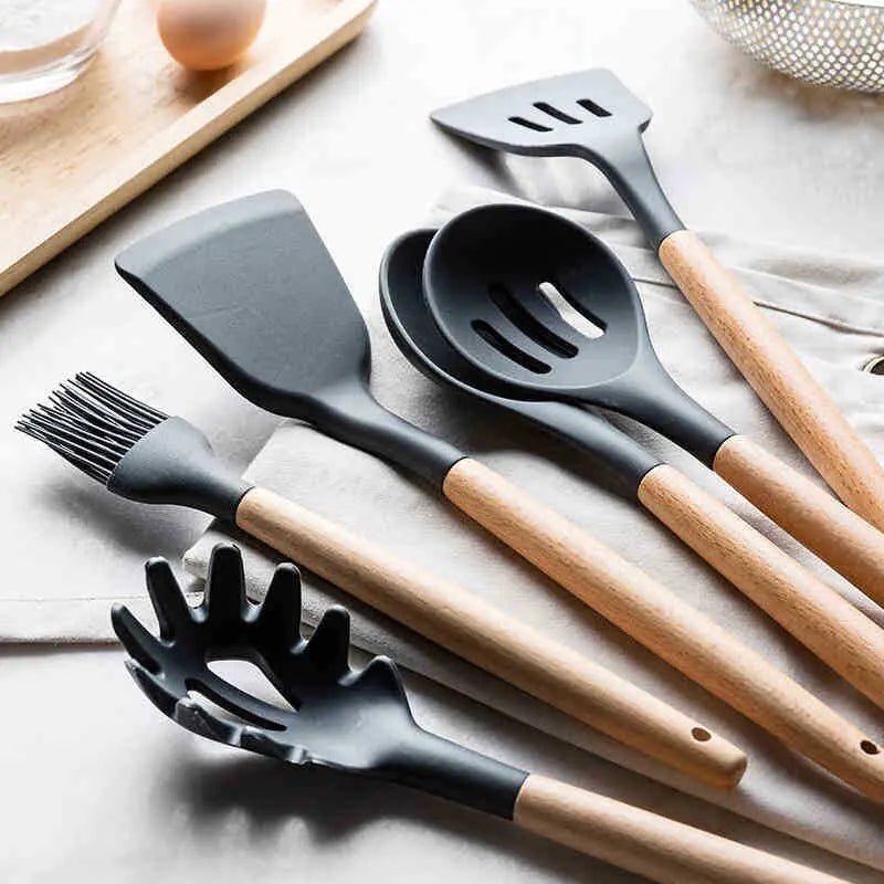 Blustoreweb ™ Set di Utensili da Cucina in Silicone e Legno da 12 Pezzi - Blustoreweb