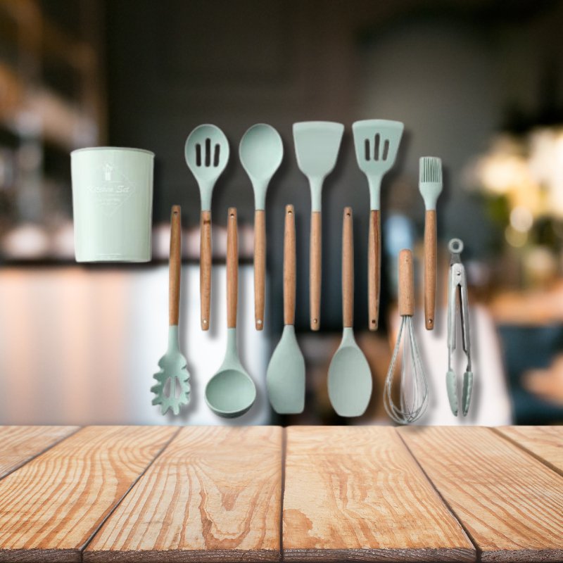 Blustoreweb ™ Set di Utensili da Cucina in Silicone e Legno da 12 Pezzi - Blustoreweb