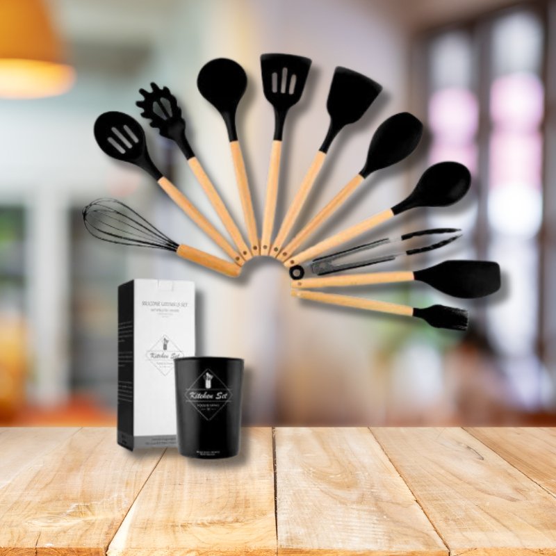 Blustoreweb ™ Set di Utensili da Cucina in Silicone e Legno da 12 Pezzi - Blustoreweb