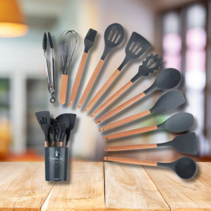 Blustoreweb ™ Set di Utensili da Cucina in Silicone e Legno da 12 Pezzi - Blustoreweb