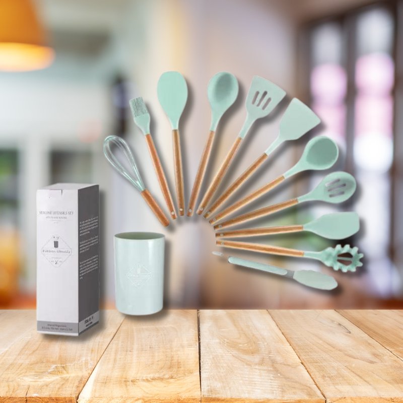 Blustoreweb ™ Set di Utensili da Cucina in Silicone e Legno da 12 Pezzi - Blustoreweb